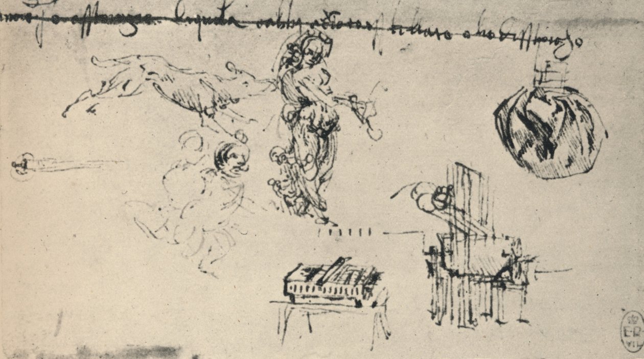 Ark med studier med en ung kvinde, en ulv, etc., c1480 1945 af Leonardo da Vinci