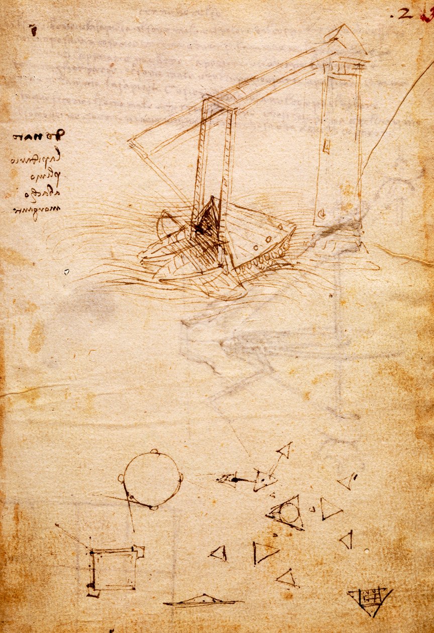 Skib, fra Codex Trivulzianus, folio 2 recto af Leonardo da Vinci