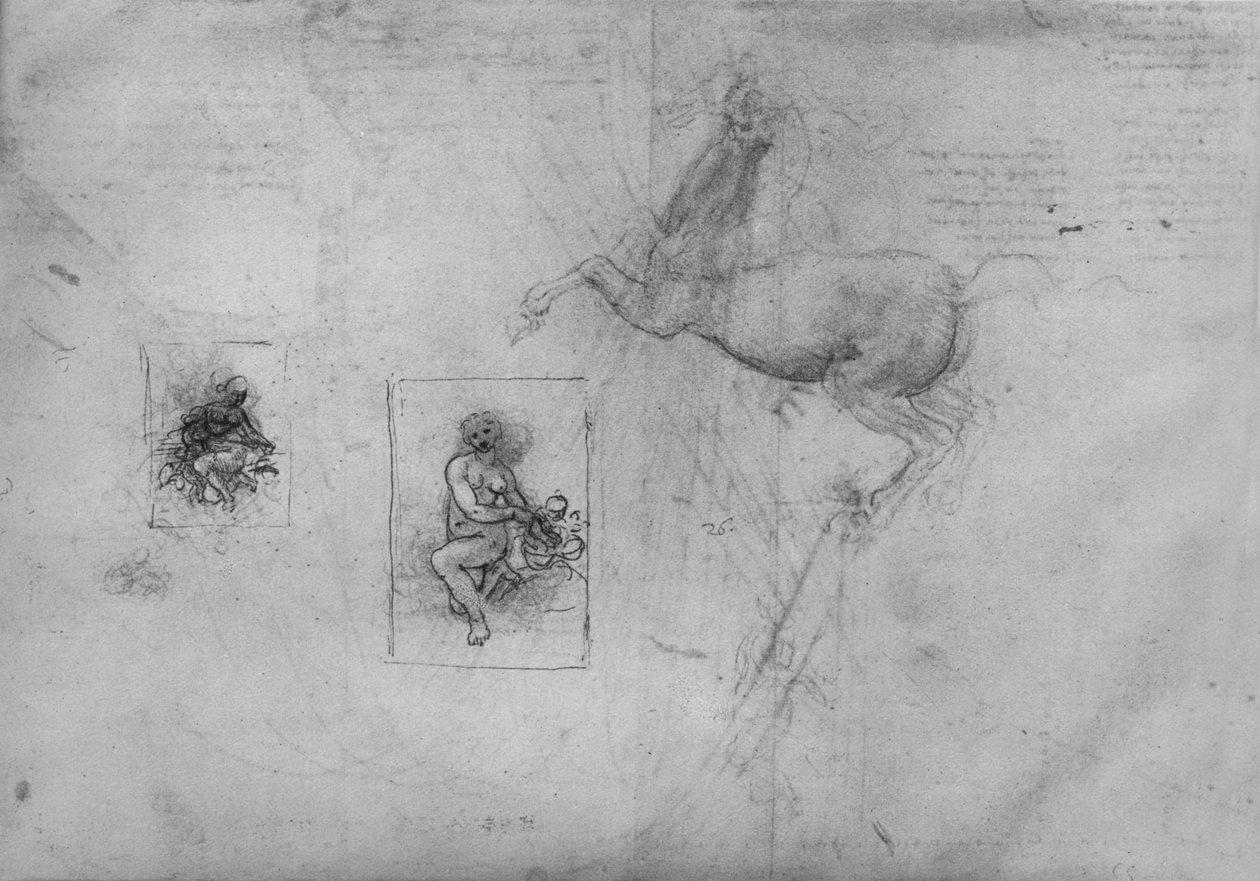 Skitser til en knælende Leda og af en hest, c1480 1945 af Leonardo da Vinci