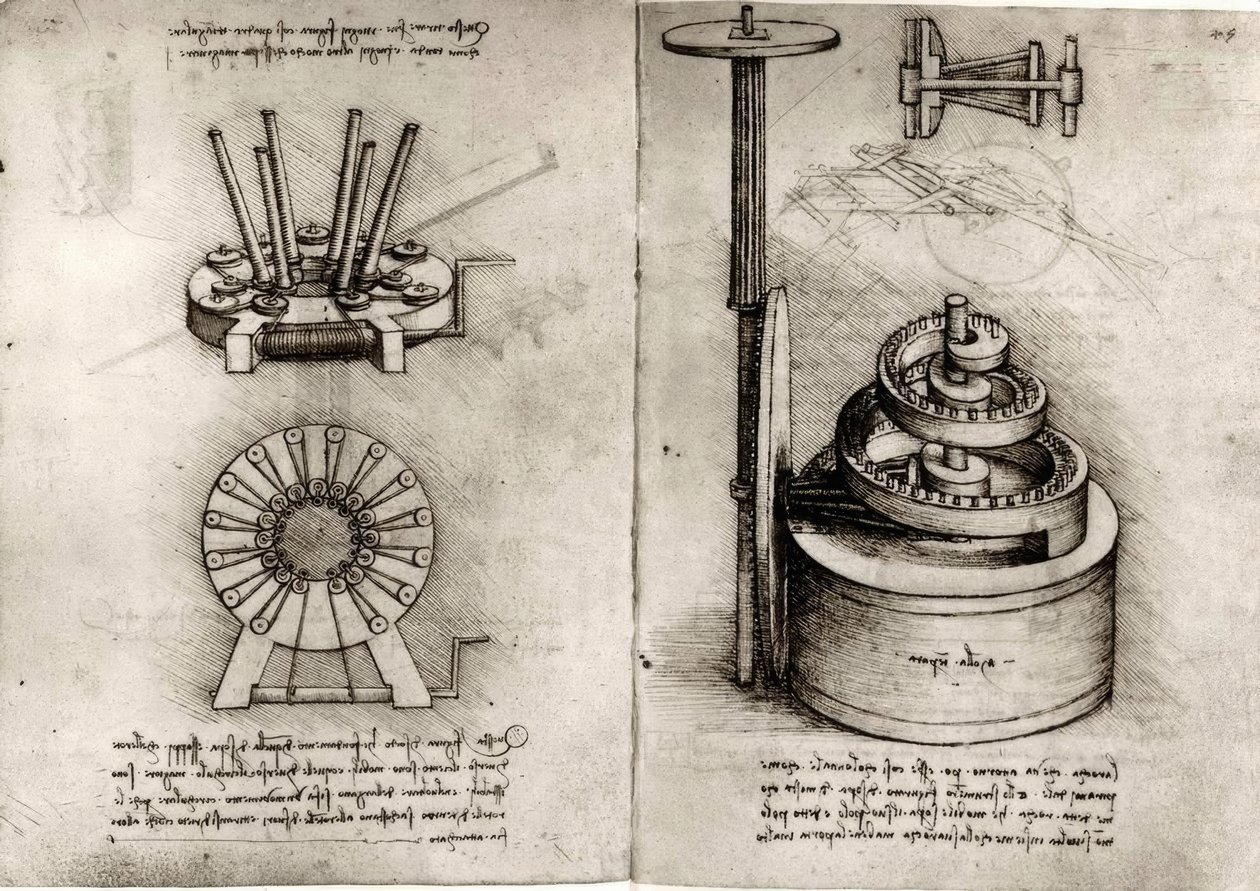 Studier af mekanik; højre hovedfjeder på et ur af Leonardo da Vinci