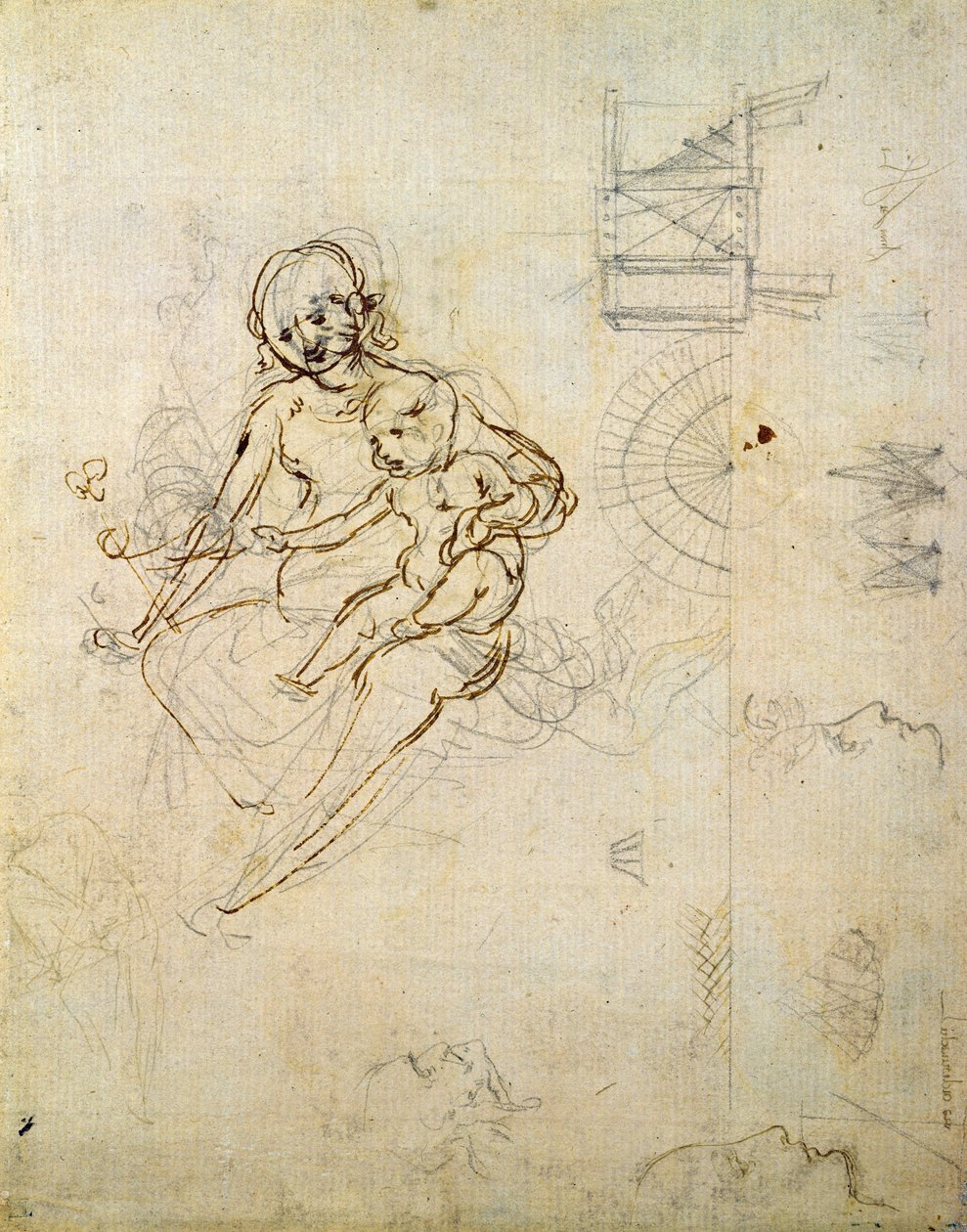 Studier for en jomfru og et barn og af hoveder i profil og maskiner, ca. 1478-80 (blyant og blæk på papir) af Leonardo da Vinci