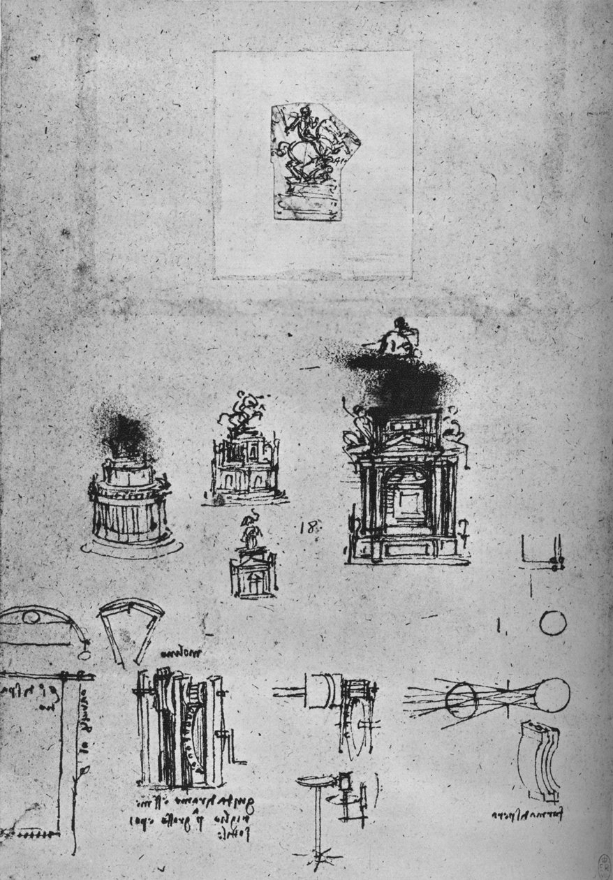 Studier til et ryttermonument og studier af maskiner, c1480 1945 af Leonardo da Vinci