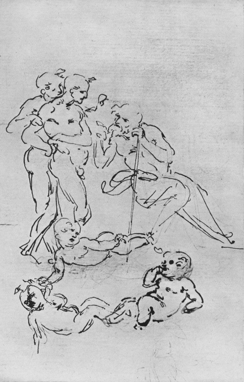 Studier af figurer og Putti for en tilbedelse, c1481 1945 af Leonardo da Vinci