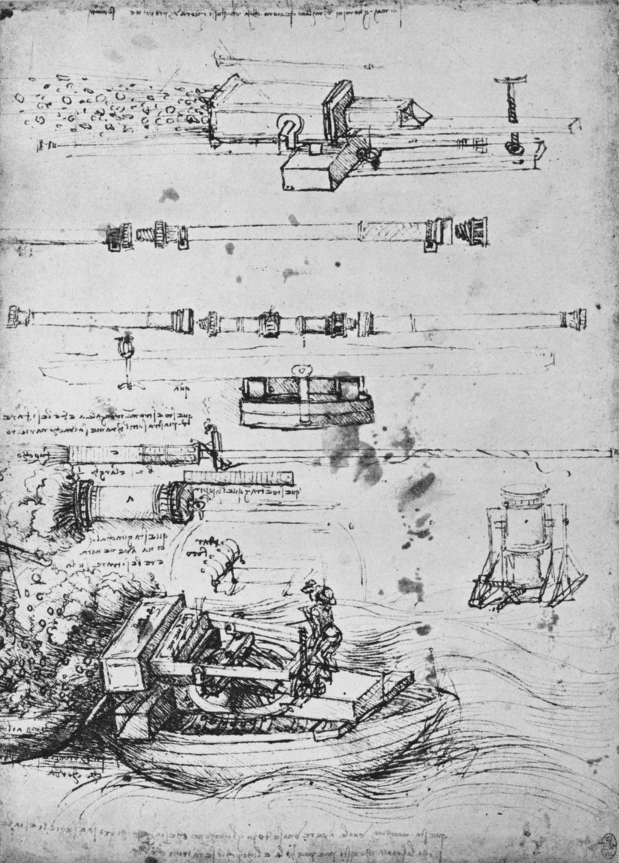 Studier af morterer, en affyring fra en båd og af Canon, c1480 1945 af Leonardo da Vinci