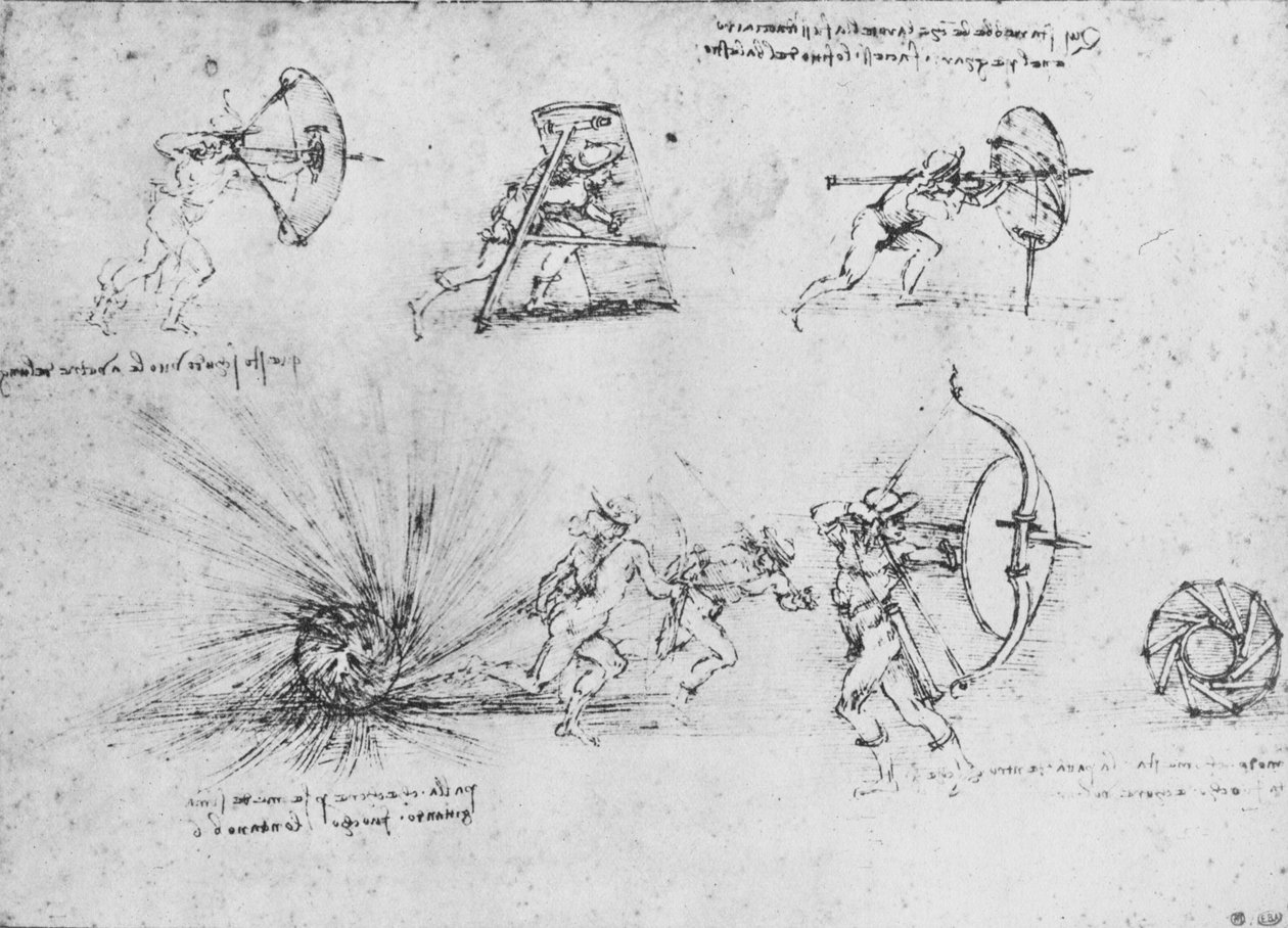 Undersøgelser af skjolde til beskyttelse af fodsoldater og af en bombe, der eksploderer, c1480 1945 af Leonardo da Vinci