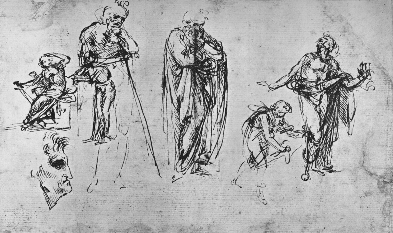 Studier af enkeltfigurer og af en profil, c1480 1945 af Leonardo da Vinci