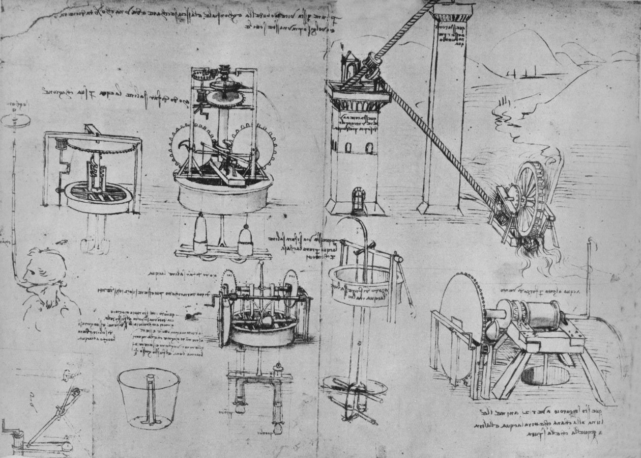 Undersøgelser af sugepumper, Archimedes-rør osv., c1480 1945 af Leonardo da Vinci