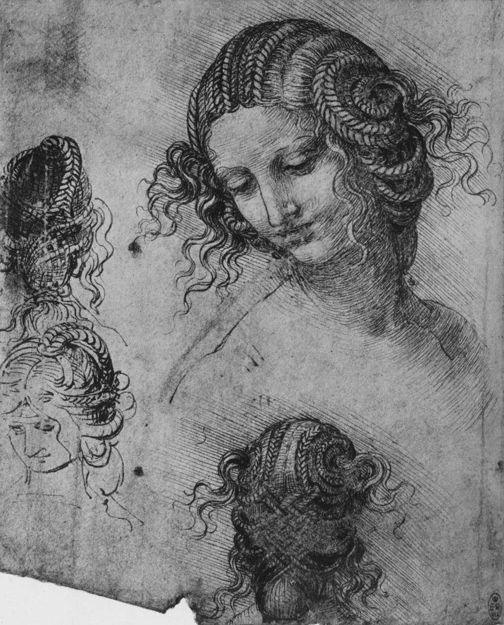Studies of a Womans Head and Coiffure, c1480 1945 af Leonardo da Vinci