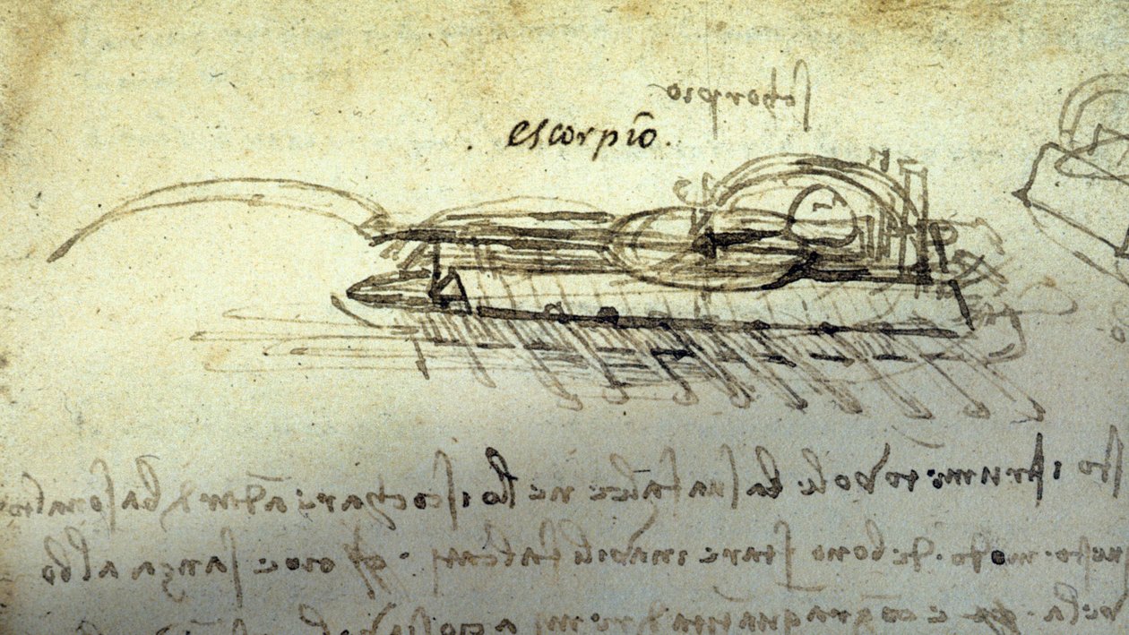 Studie for en krigsmaskine Escorpio af Leonard de Vinci (Leonardo da Vinci) (1452 - 1519). Tegning med pen og blæk. af Leonardo da Vinci