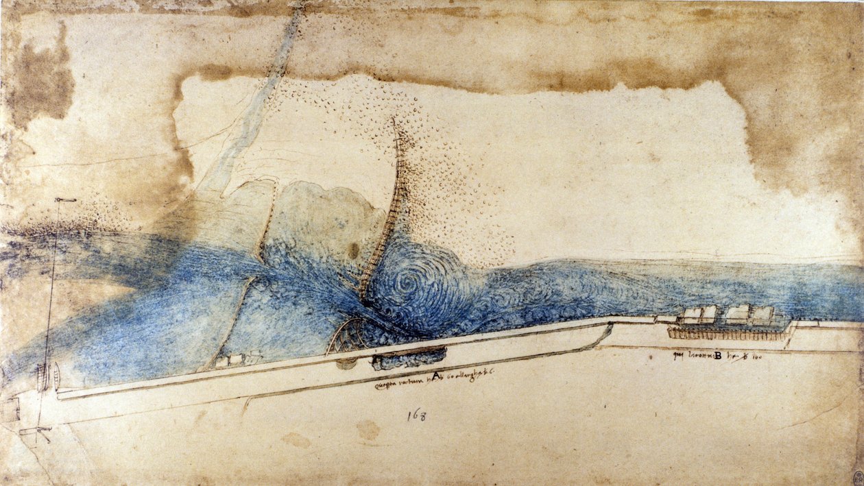 Studie til udnyttelse af vandkraft i hydrauliske maskiner (noria) af Leonard de Vinci (Leonardo da Vinci) (1452-1519). Tegning med pen og blæk. af Leonardo da Vinci