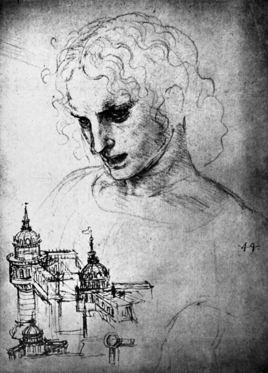 Studie for lederen af St James og en arkitektonisk tegning, 15. århundrede 1930. af Leonardo da Vinci