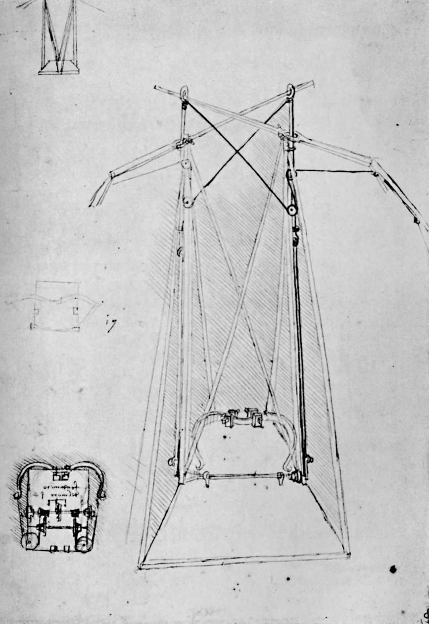 Undersøgelse af motivapparat af flyvende maskine med grundplan for basismekanisme, 1928 af Leonardo da Vinci