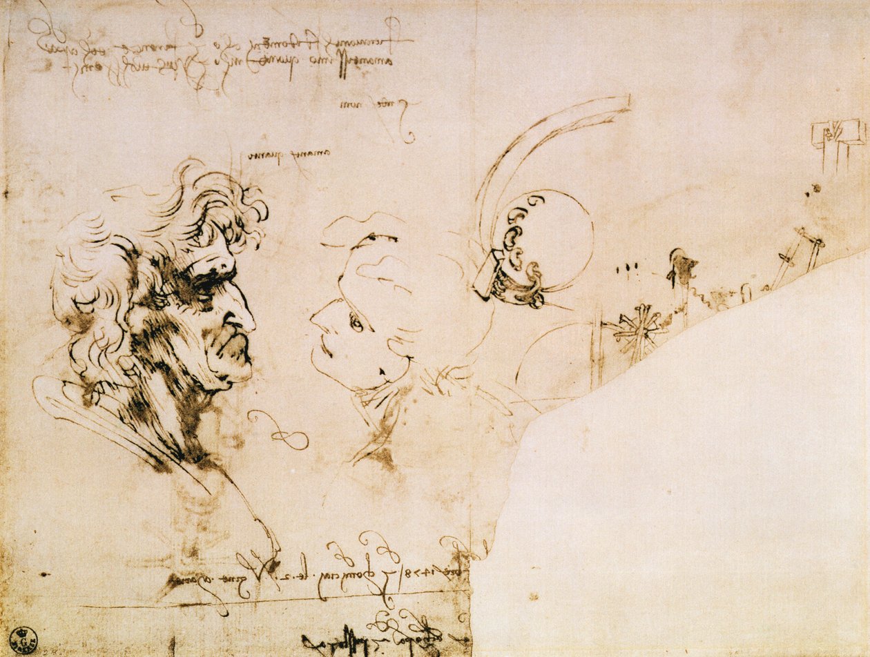Studie af to hoveder i profil og studier af maskiner af Leonardo da Vinci