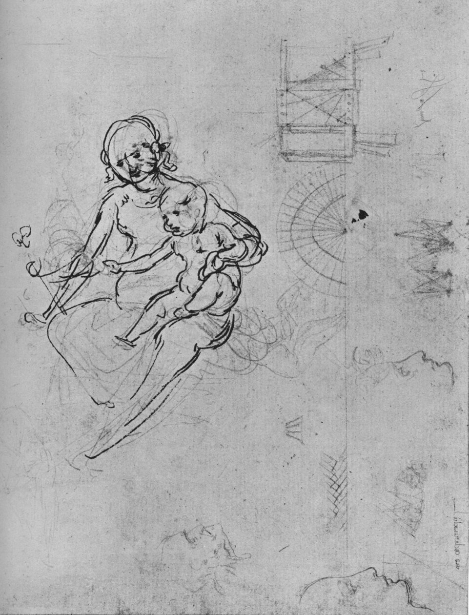 Studie af en madonna og et barn, af profiler og af maskiner, 1478-1480 1945. af Leonardo da Vinci