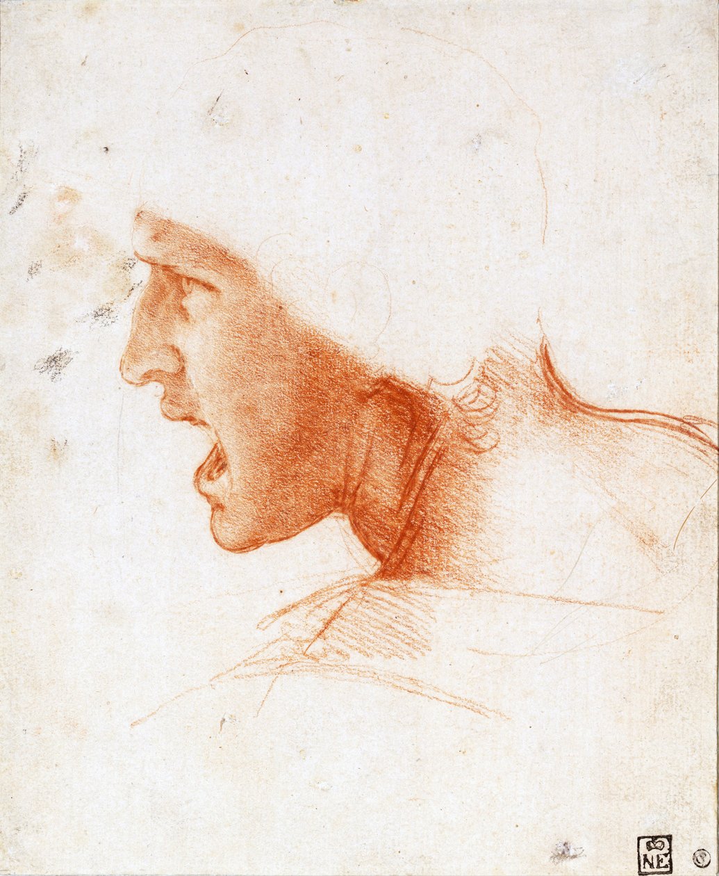 Studie af et krigers hoved til slaget ved Anghiari - Leonardo da Vinci (1452-1519) - 1504-1505 - Sanguine på papir - 22,6x18,6 - Szepmuveszeti Muzeum, Budapest af Leonardo da Vinci