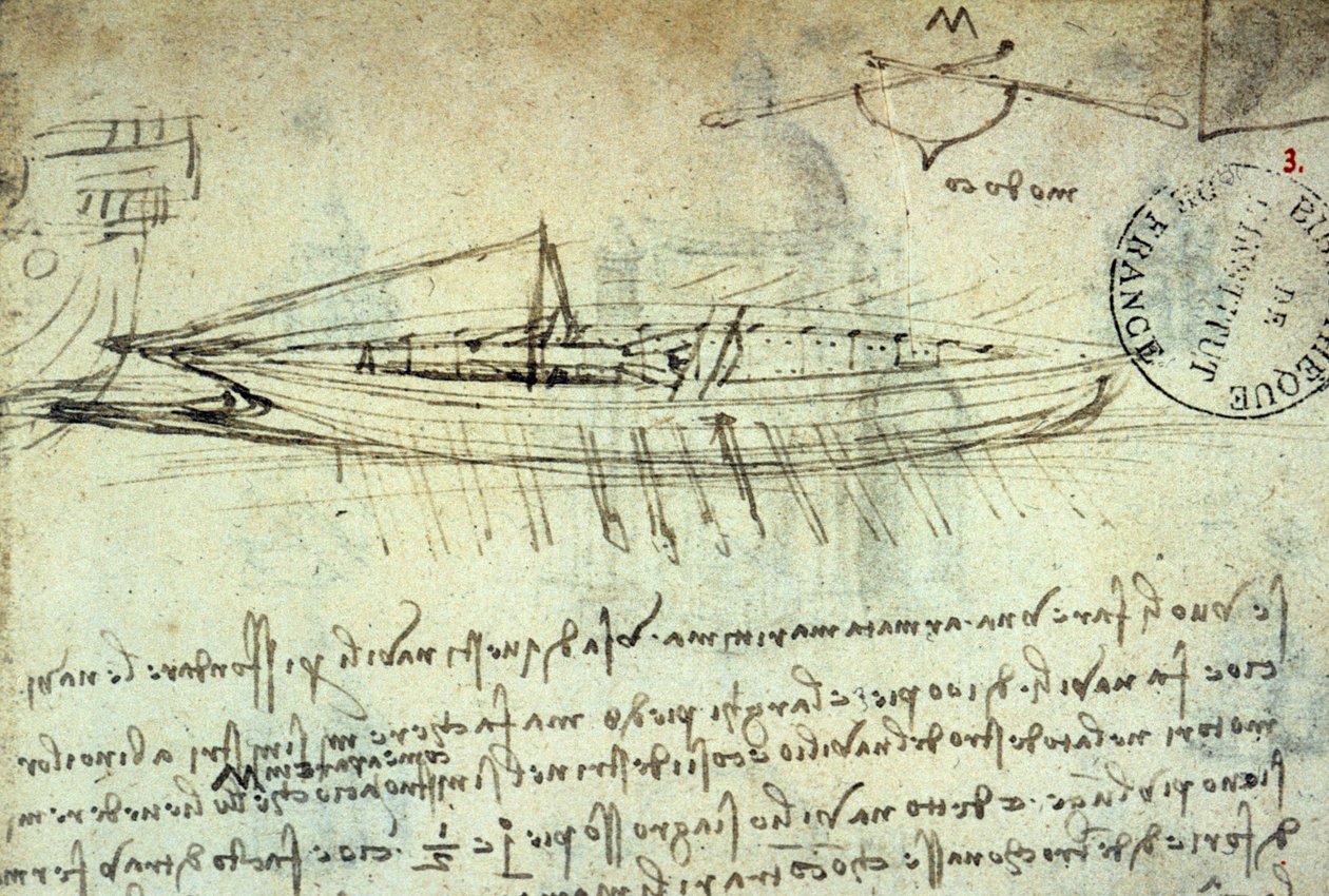 Studie af båd udstyret med en række årer af Leonard de Vinci (Leonardo da Vinci) (1452 - 1519). Tegning med pen og blæk. Manuskript. Institut de Frances bibliotek. Paris. af Leonardo da Vinci