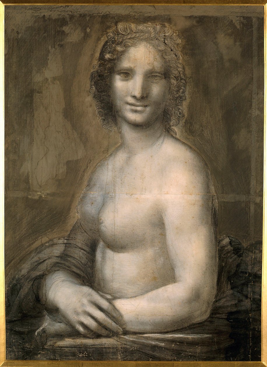 Undersøgelse af kvindelig nøgen formentlig Mona Lisa Bust denude antager Mona Lisa (eller Monna Lisa). Tegning på brunt papir med sort sten fra Leonard de Vincis skole (Leonardo da Vinci) (1452-1519) Dim. 0,72 X 0,54 m. Chantilly, Conde Museum af Leonardo da Vinci