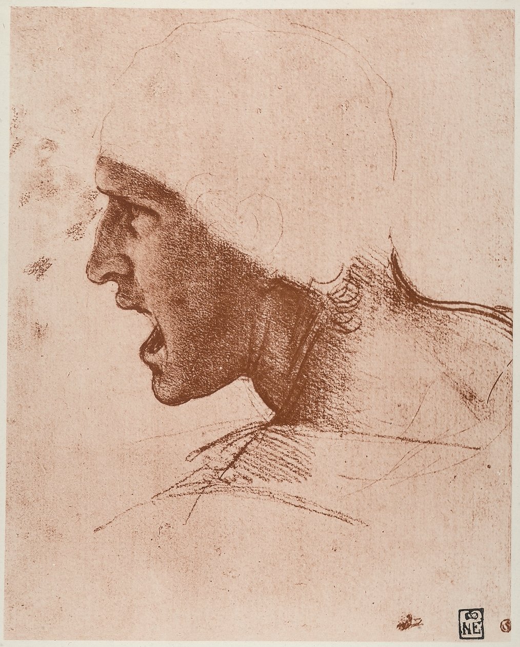 Studie af mandligt hoved til slaget ved Anghiari, tegning af Leonardo da Vinci, sangvinsk på rosa papir, bevaret i Museum of Fine Arts i Budapest. af Leonardo da Vinci