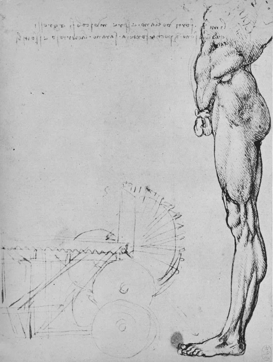 Studie af den nederste halvdel af en mand og af maskiner, c1480 1945 af Leonardo da Vinci