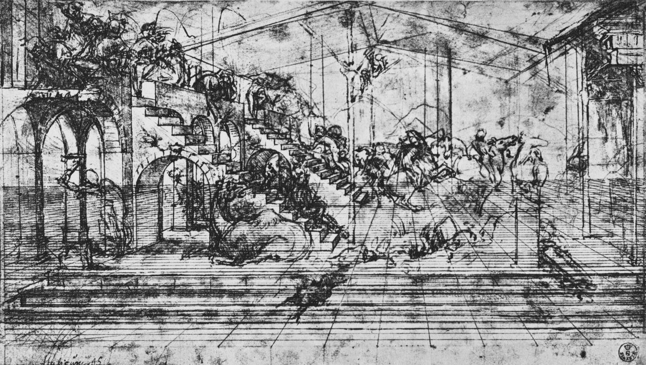 Undersøgelse af perspektivet for baggrunden for tilbedelsen af magi, 1481 1945 af Leonardo da Vinci