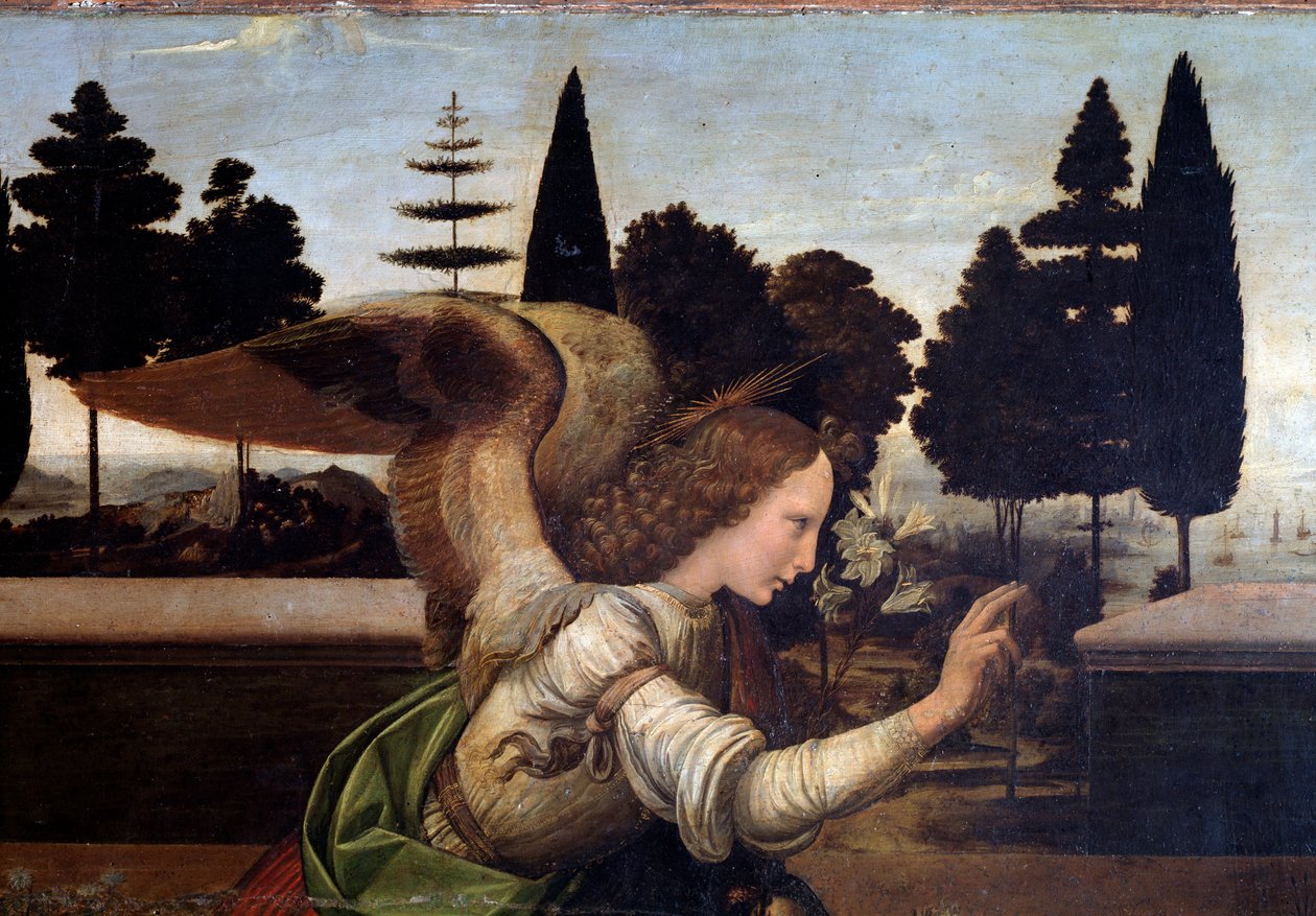 Bebudelsen, detalje af englen - olie på træ af Leonardo da Vinci