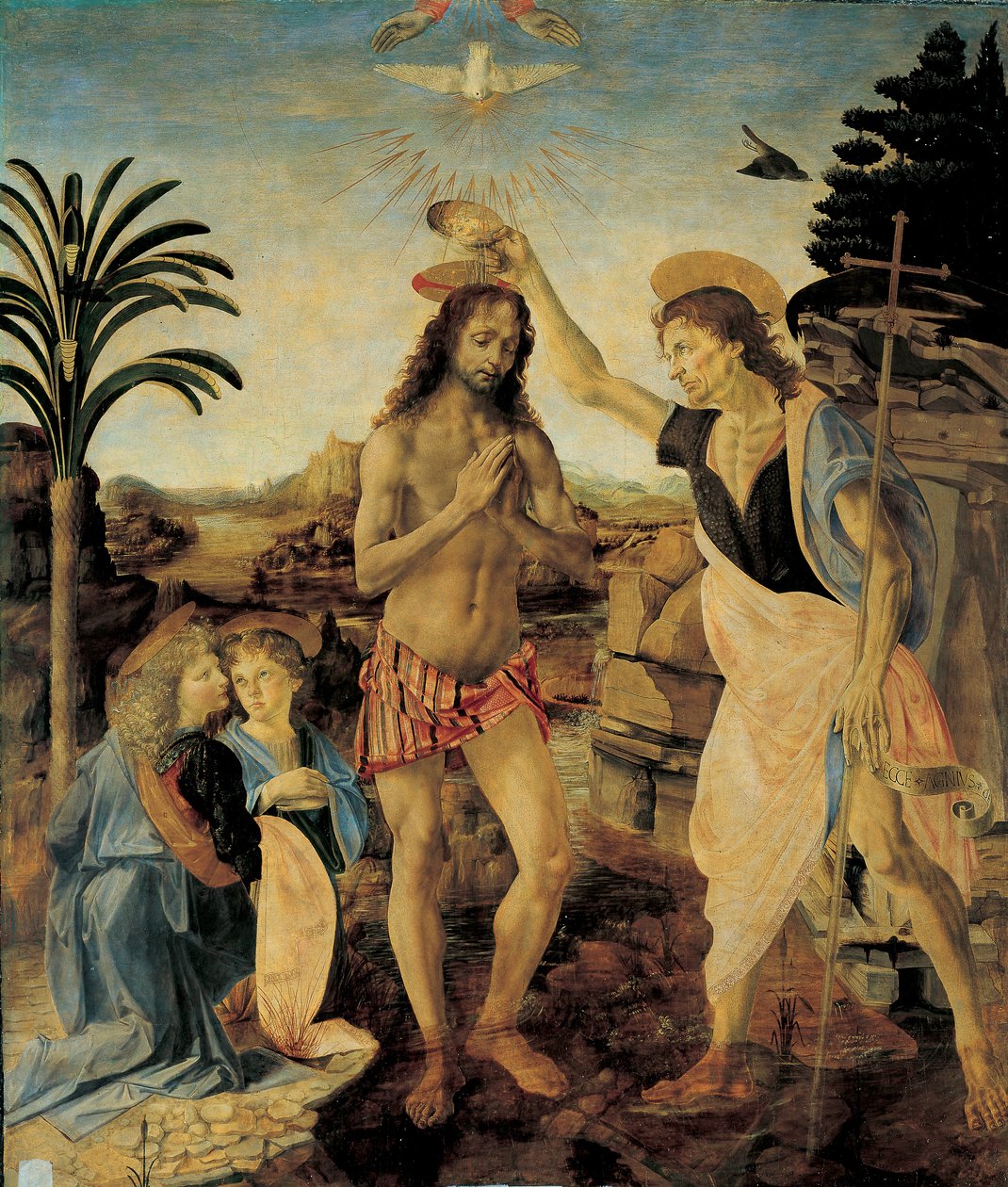 Kristi dåb omkring 1475 - 1478 af Andrea del Verrocchio (1436-1488) og Leonardo da Vinci (Leonard af Vinci) (1452-1516), Olie og tempera på træ af Leonardo da Vinci