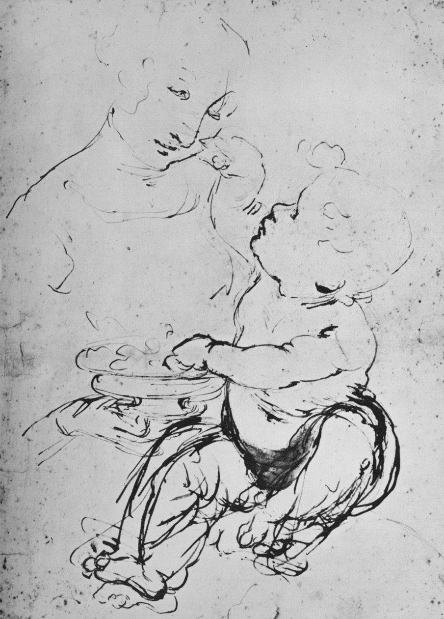 Madonnaen og barnet med en skål frugt, 1478 1945 af Leonardo da Vinci