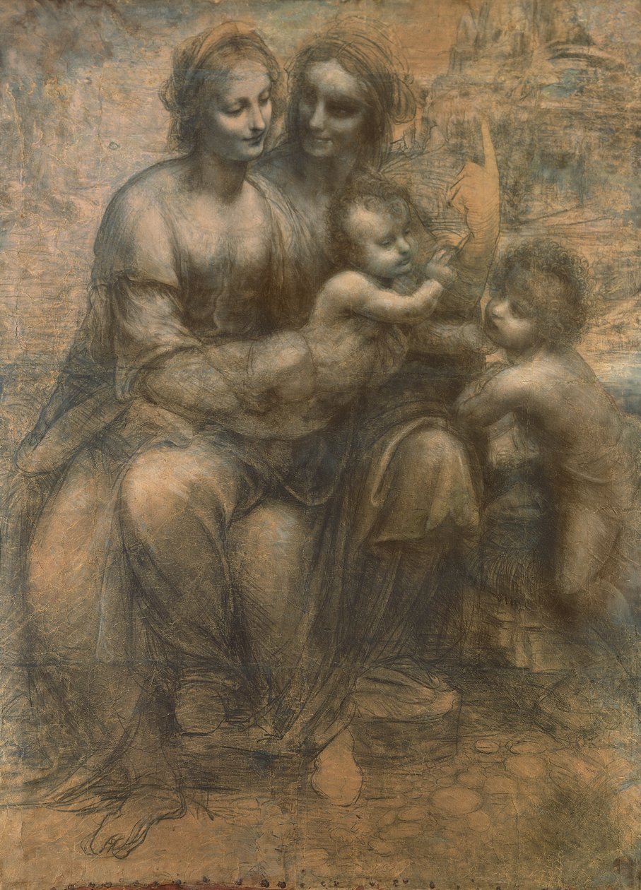 Jomfruen og barnet med Sankt Anne og spædbarnet Sankt Johannes Døberen, ca. 1499-1500 (kul forhøjet med hvidt kridt på papir, monteret på lærred) af Leonardo da Vinci