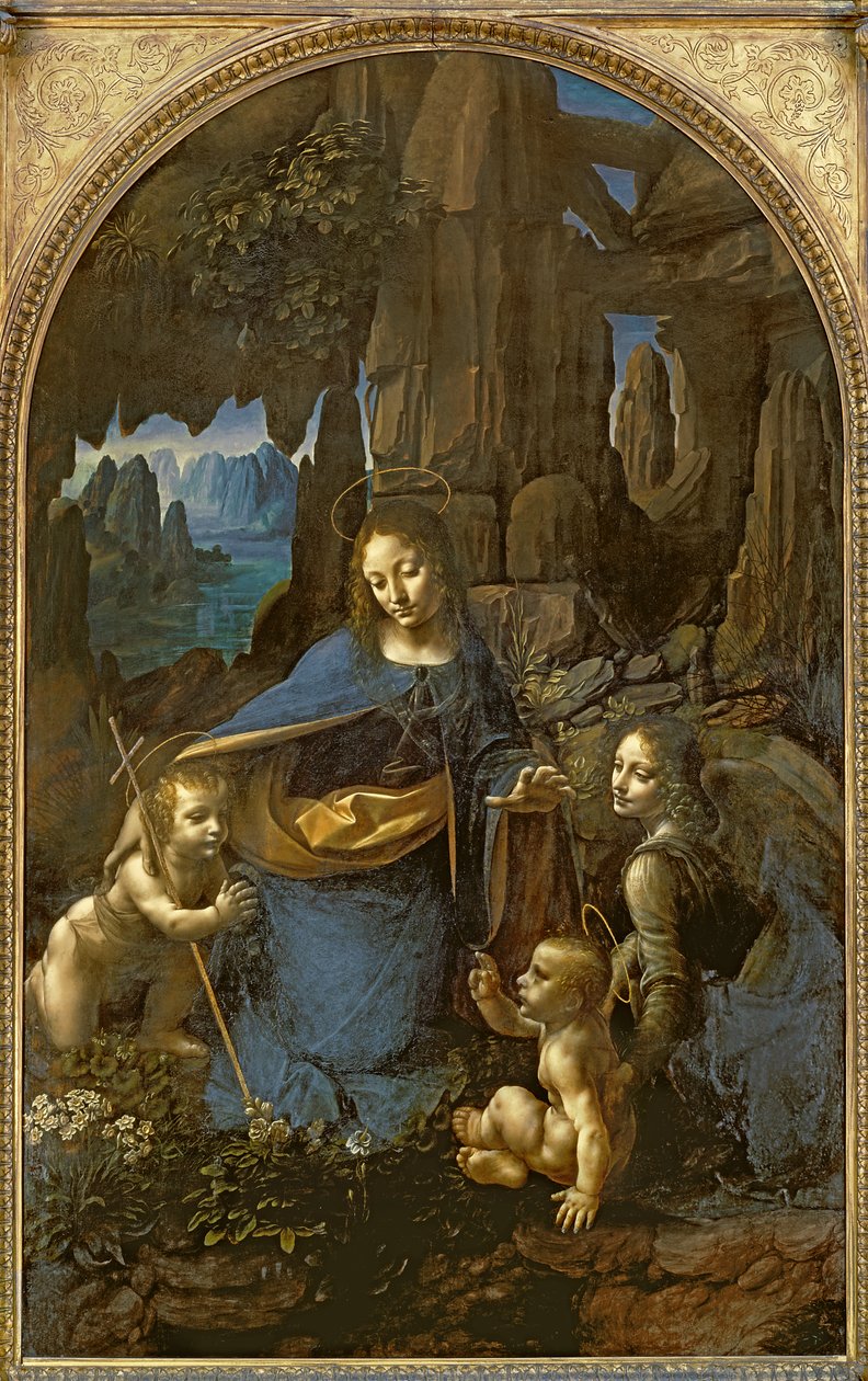The Virgin of the Rocks (med spædbarnet St. John tilbeder spædbarnet Kristus ledsaget af en engel), ca. 1508 (olie på panel) af Leonardo da Vinci