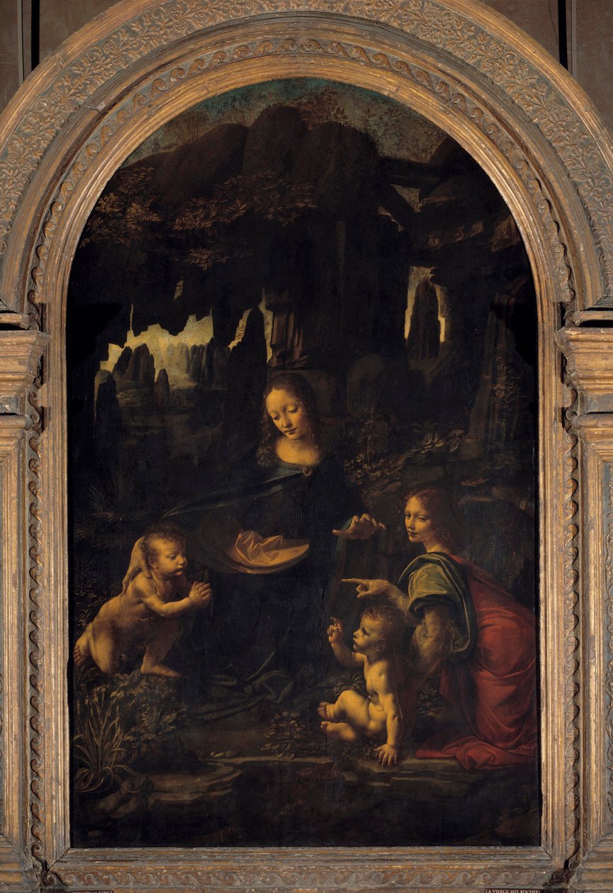 Jomfruen, Jesusbarnet, Johannes Døberen og en engel eller "Jomfruen med klipperne"" maleri af Leonard de Vinci (Leonardo da Vinci) (1452-1519) Søn fra det 16. århundrede. 1,99x1,22 m af Leonardo da Vinci