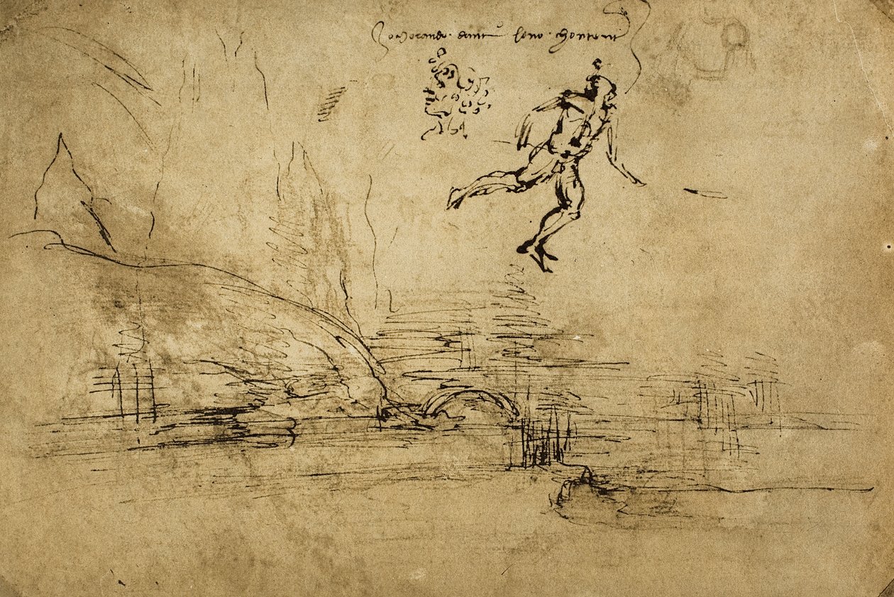 Bagsiden af ​​en landskabstegning med figuren af ​​en soldat: pentegning af Leonardo da Vinci. Kabinet for tegninger og tryk, Uffizi Gallery, Firenze af Leonardo da Vinci