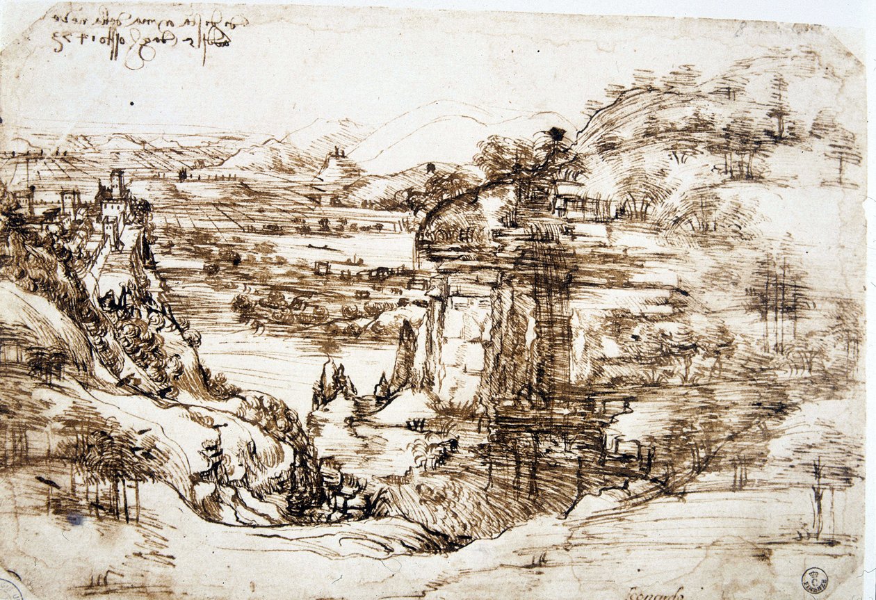 Den første kendte tegning af Leonard de Vinci (Leonardo da Vinci) (1452-1519), "" Landskab af Santa Maria della Neve"": landskabet i dalen Arno, nær Firenze. af Leonardo da Vinci