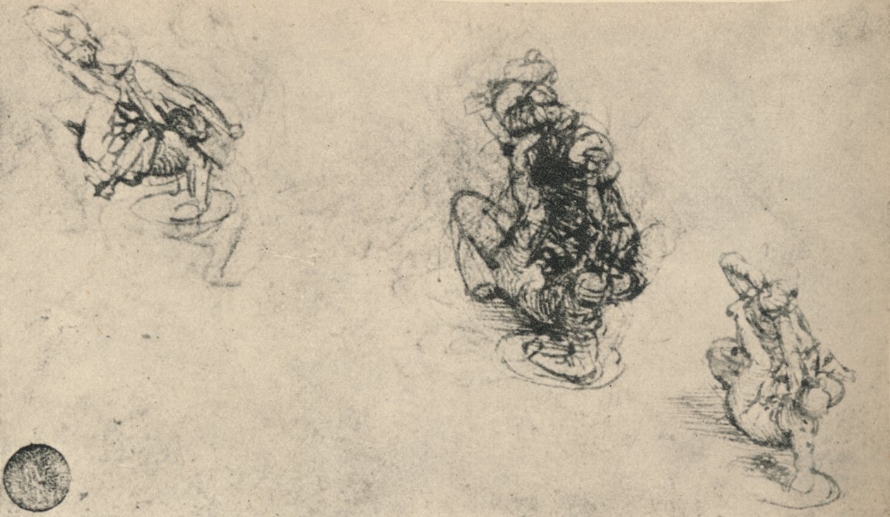 Three Studies of a Man Poniarding a Fallen Foe, c1480 1945 af Leonardo da Vinci