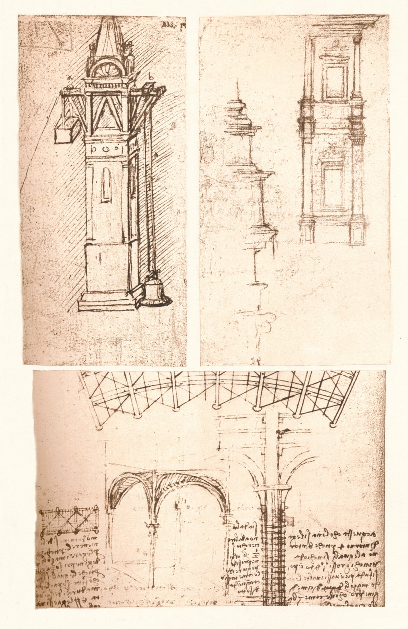Tre arkitektoniske tegninger, c1472-c1519 1883 af Leonardo da Vinci