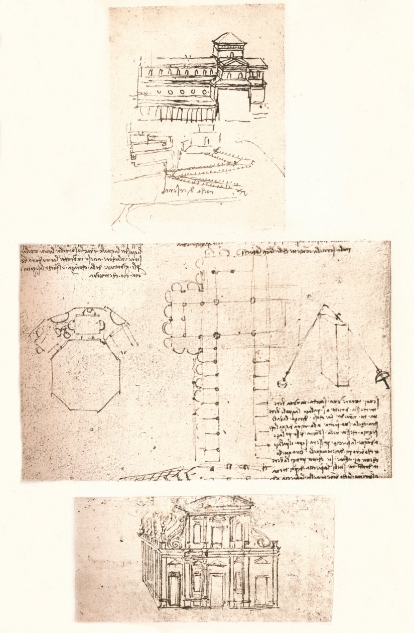 Tre tegninger af kirker, c1472-c1519 1883 af Leonardo da Vinci