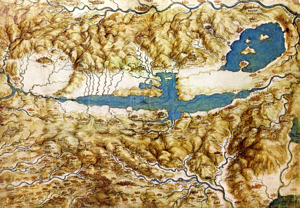 Topografisk udsigt over landskabet omkring Arezzo-sletten og Val di Chiana, tidligt i det 16. af Leonardo da Vinci