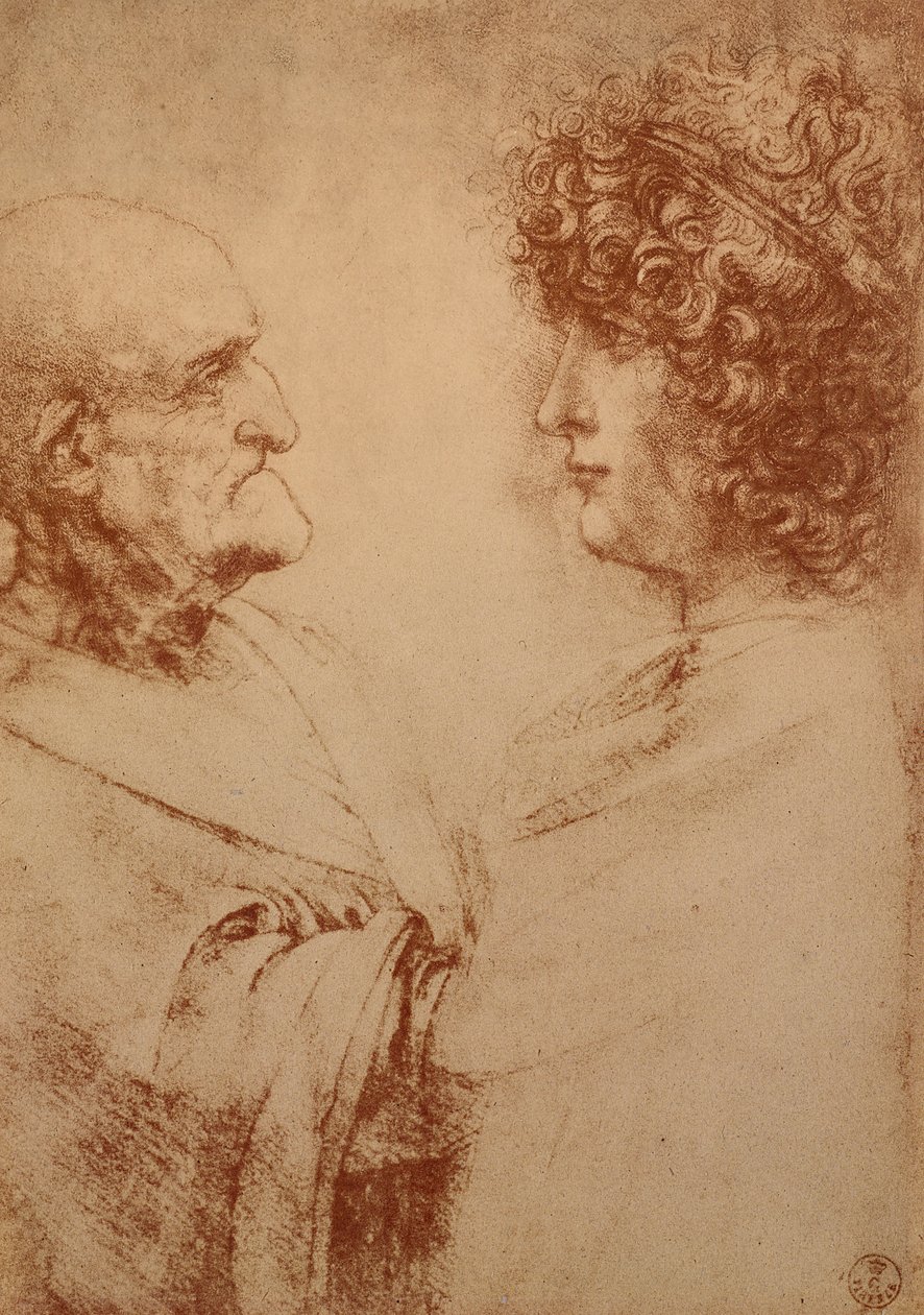 To hoveder i profil, ca. 1500 (rødt kridt på papir) af Leonardo da Vinci