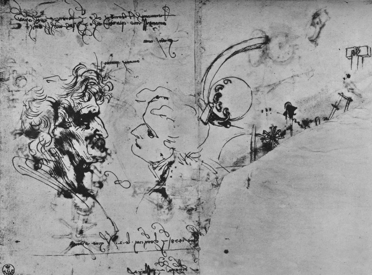 To profiler og undersøgelser af maskiner, c1480 1945 af Leonardo da Vinci