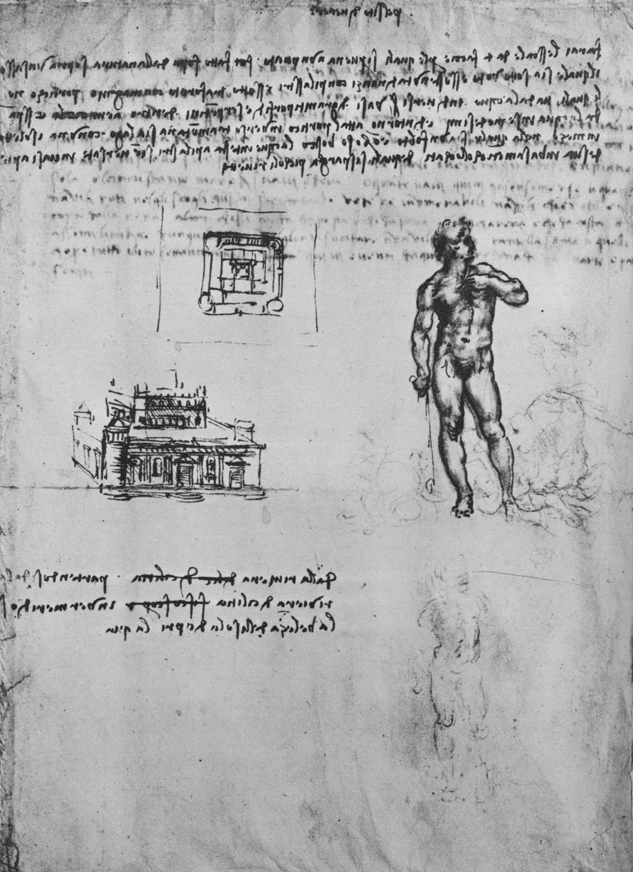 To studier af en nøgen figur og udsigten og planen af en bygning, c1480 1945 af Leonardo da Vinci