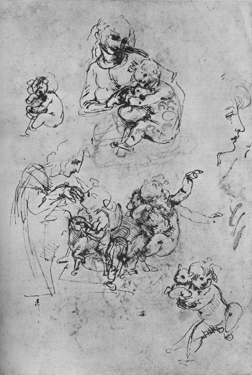 To studier af madonnaen og barnet med en kat og tre studier af barnet, 1475-1481 1945 af Leonardo da Vinci
