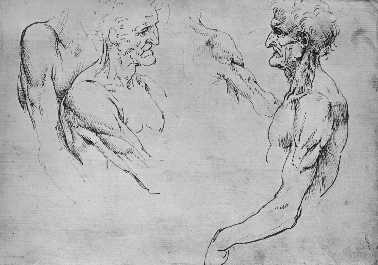 To studier af den øvre del af en gammel mand og to studier af våben, c1480 1945 af Leonardo da Vinci