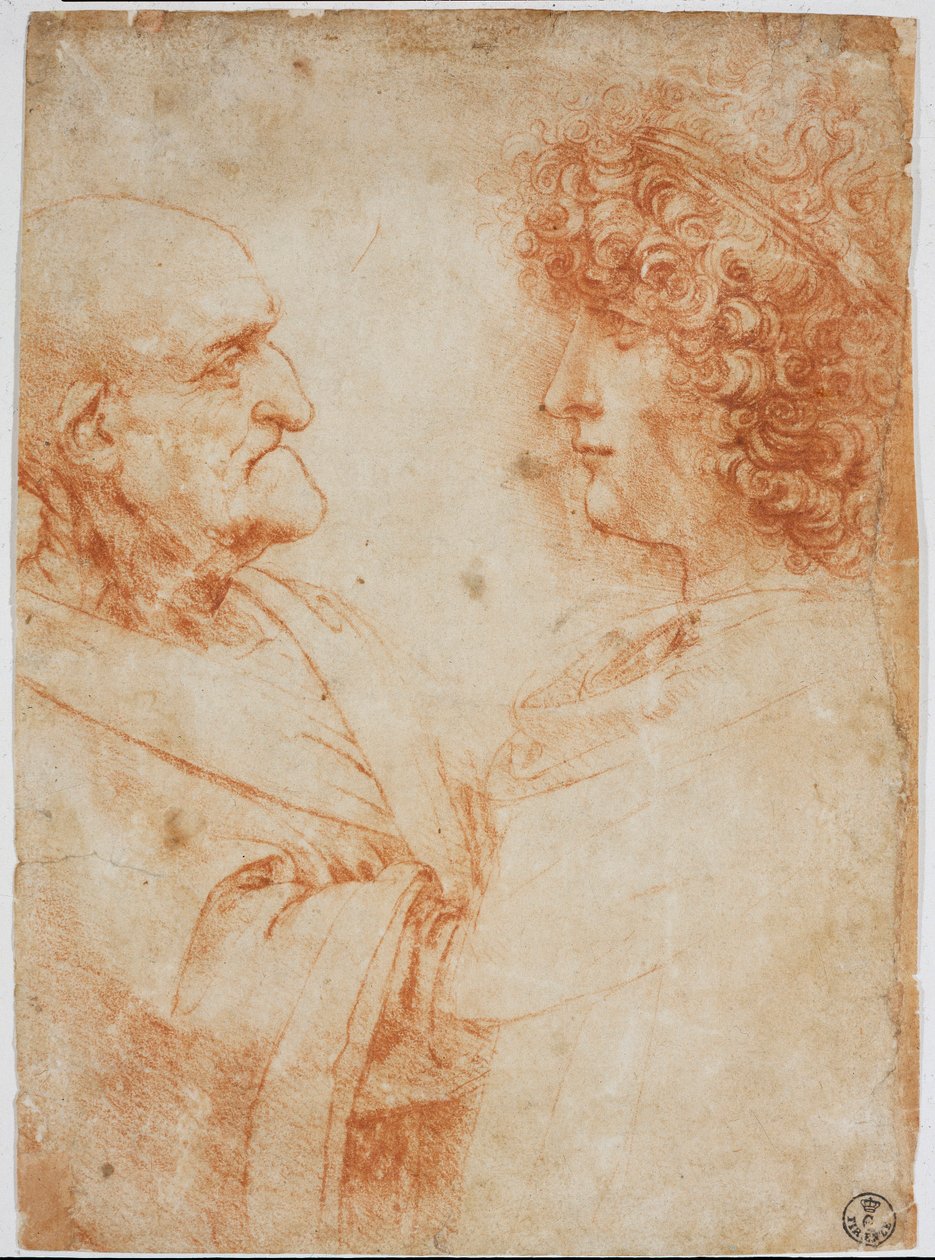 To mandlige profiler, en gammel mand og en ung mand - den unge mand repræsenterer Gian Giacomo Caprotti Dit Andrea Salai eller Salaij (ca. 1480-1524), Leonards elev og elsker - Tegning a la Sanguine af Leonardo da Vinci (Leonard de Vinci) ( 1452-1519) - Fi af Leonardo da Vinci
