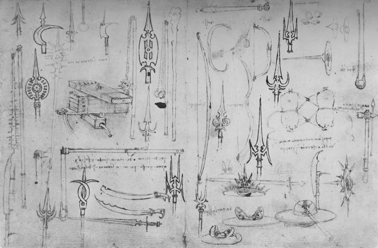 Forskellige angrebs- og forsvarsvåben, c1480 1945 af Leonardo da Vinci