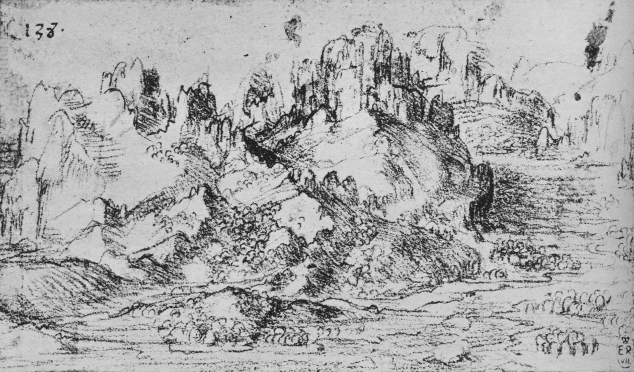 Udsigt over en dal med bjerge hinsides, c1480 1945 af Leonardo da Vinci