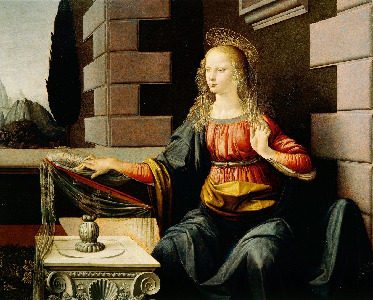 Jomfru Maria, detalje fra Annunciation, ca. 1475 (olie og tempera på træ) af Leonardo da Vinci