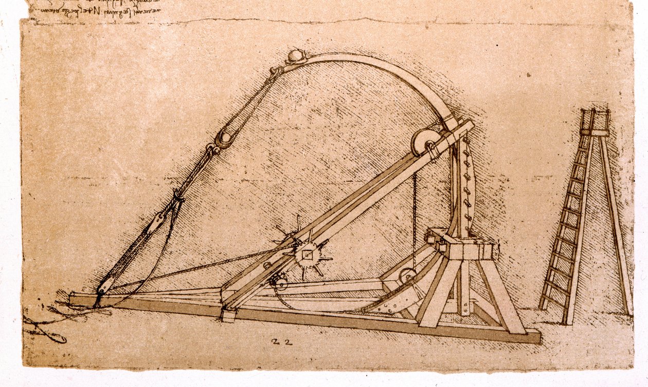 Krigsmaskine: Katapultstudie af Leonard de Vinci (Leonardo da Vinci) (1452 - 1519). af Leonardo da Vinci