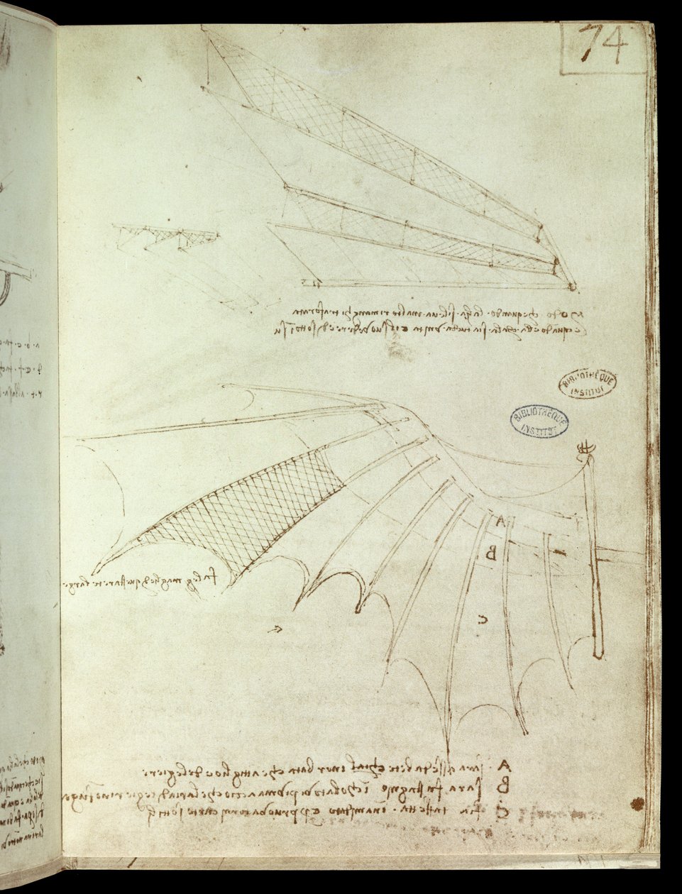 Vinge. Flyvende maskine tegning. Manuskript af Leonard De Vinci (Leonardo da Vinci af Leonardo da Vinci