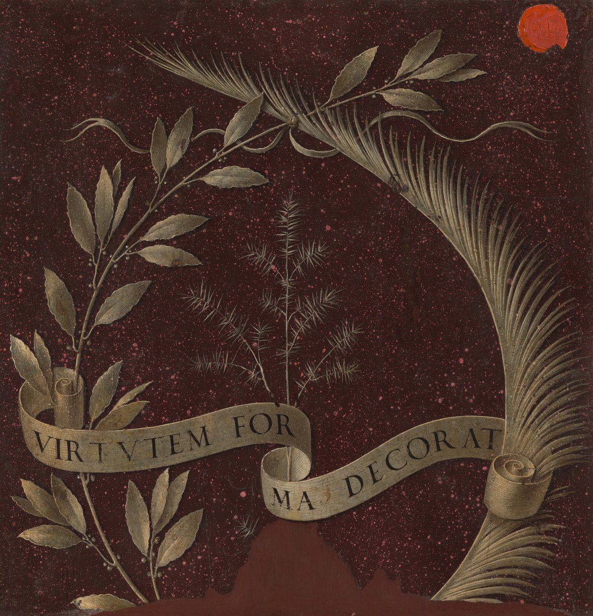 Laurbærkrans, palme og enebær med en rulle indskrevet Virtutem Forma Decorat [omvendt], ca. 147 af Leonardo da Vinci