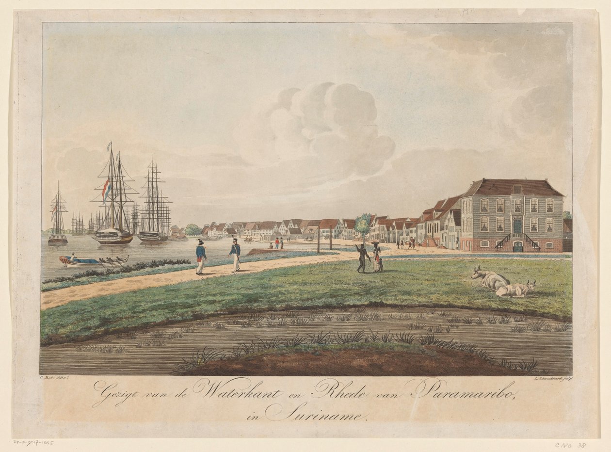 Udsigt over havnefronten i Paramaribo Udsigt over Waterkant og Rhede i Paramaribo i Surinam (titel på objekt) af Leonardus Schweickhardt