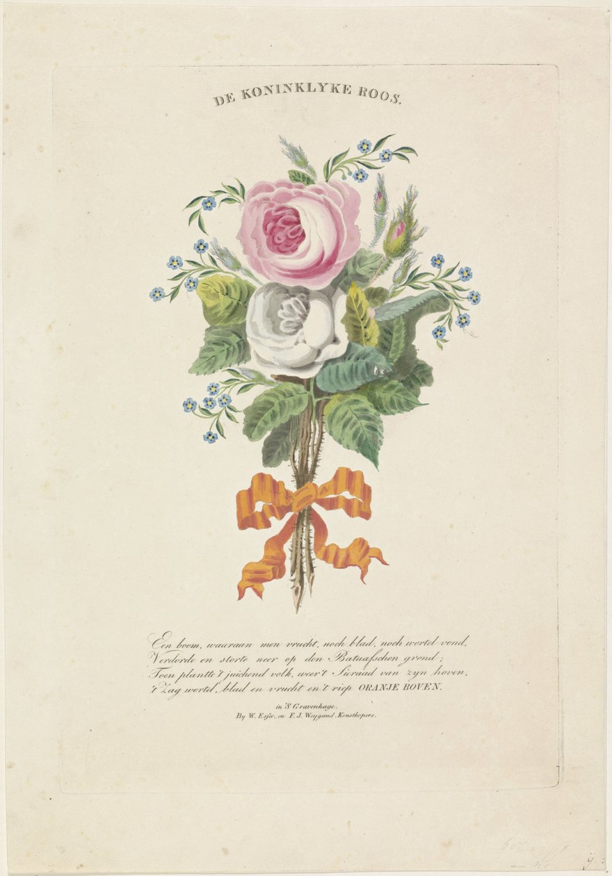 Roser med silhuetportrætter af William I Frederik, konge af Holland, Wilhelmina af Preussen, deres børn, hans forældre og hans søster af Leonardus Schweickhardt